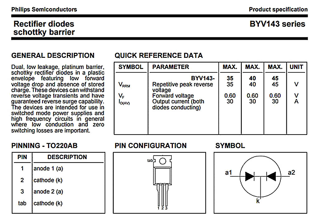 Специфікація на збірку діодів Шотткі для випрямляча зарядного пристрою автоаккумулятора